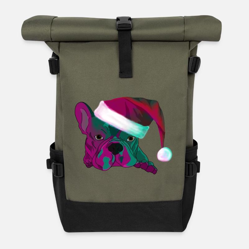 Neon Bulldog with Santa Hat - Roll Top Backpack - olive/black