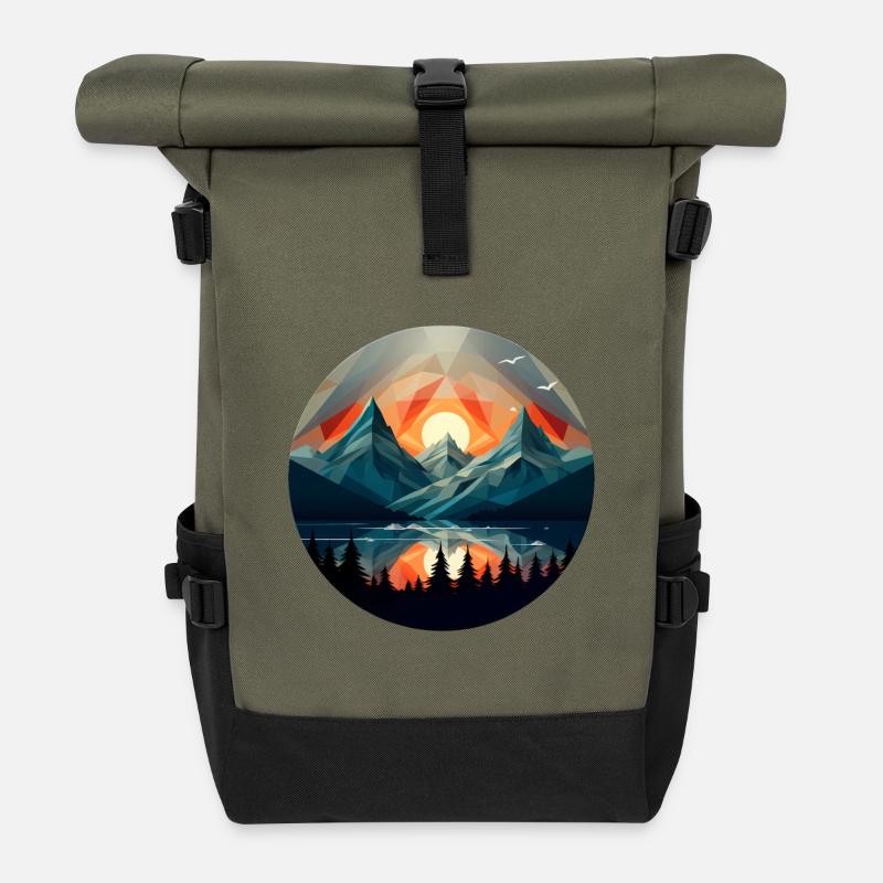 Geometric mountains, beautiful sunset - Roll Top Backpack - olive/black