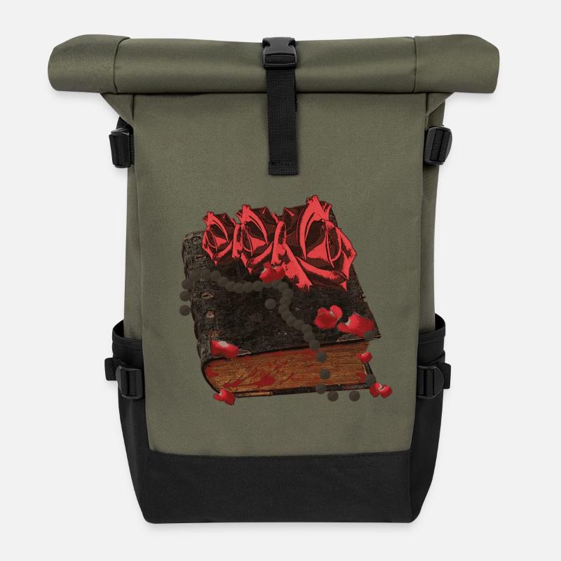 Bücher Design, Blutflecken, Rosenblüten - Rolltop Rucksack - Olive/Schwarz