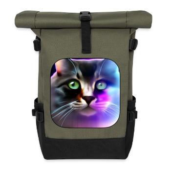 Neonkatze Farbenspiel Portrait - Rolltop Rucksack - Olive/Schwarz - Vorne