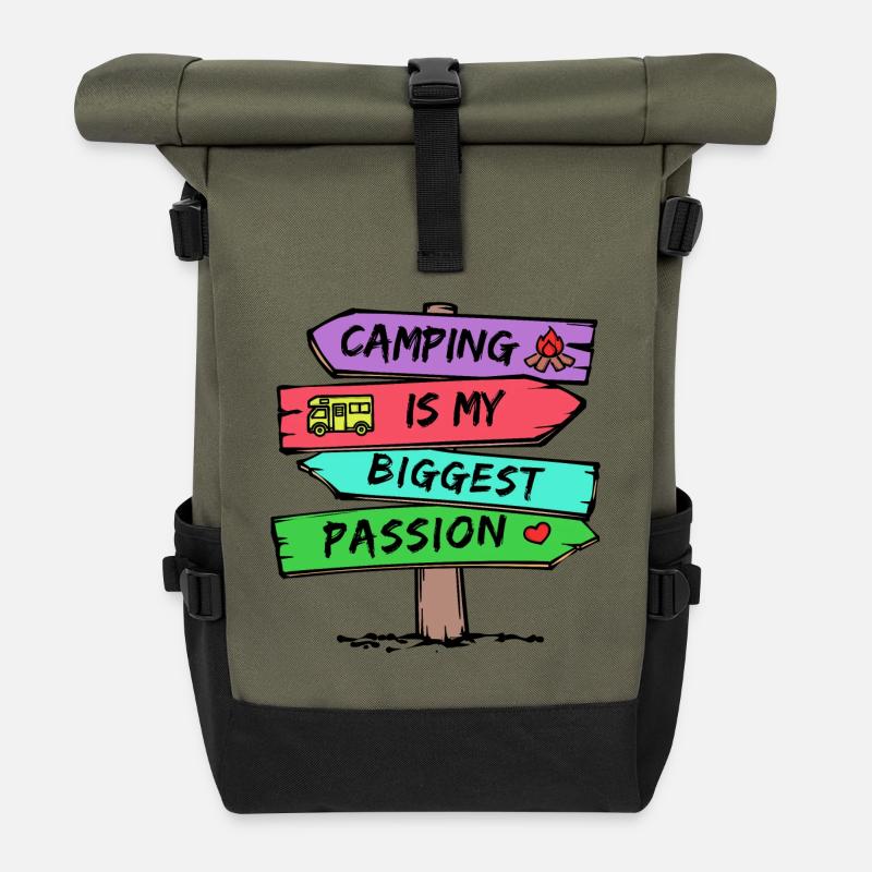 Camping Statement Wohnwagen Camper Urlaub Wanderer - Rolltop Rucksack - Olive/Schwarz