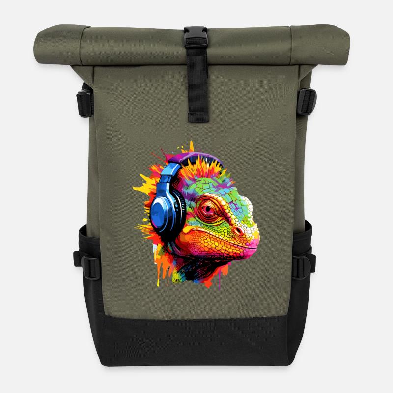 Chamäleon mit Kopfhörer Musik Chamäleons - Rolltop Rucksack - Olive/Schwarz