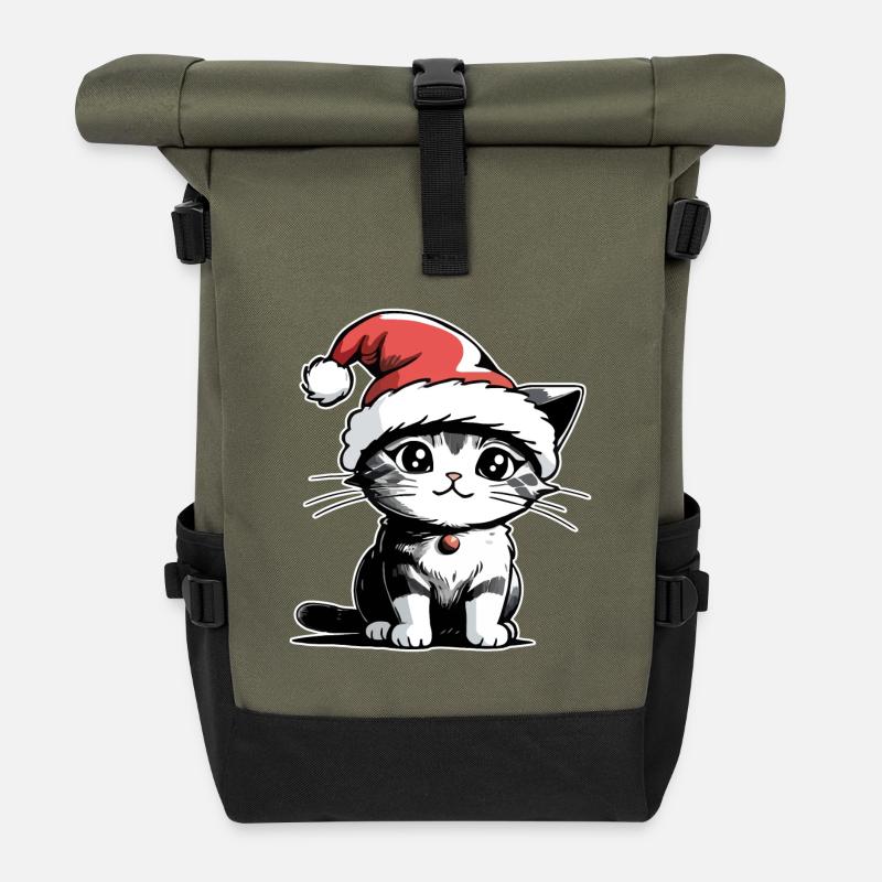 Katze Weihnachten - Rolltop Rucksack - Olive/Schwarz