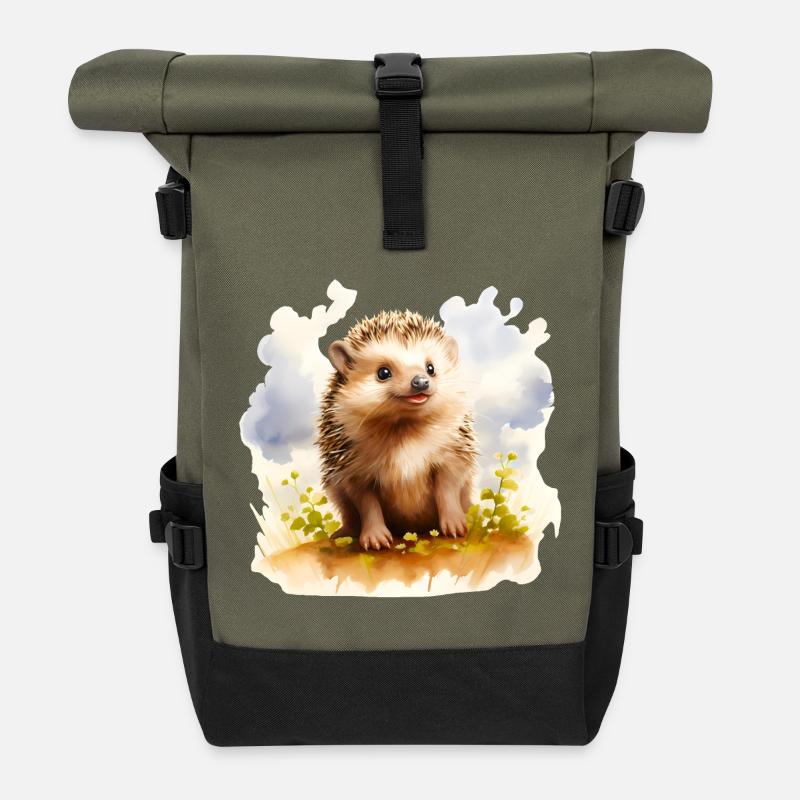 Aquarell Igel auf der Wiese - Rolltop Rucksack - Olive/Schwarz