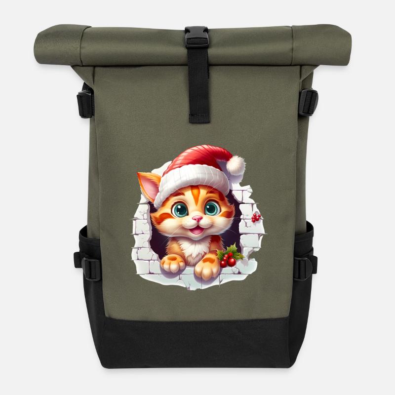 Cat with santa hat in the hole in the wall - Roll Top Backpack - olive/black