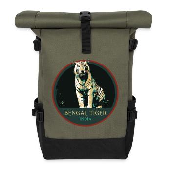 Bengalischer Tiger Porträt Aufnäher: Indische Fauna - Rolltop Rucksack - Olive/Schwarz - Vorne