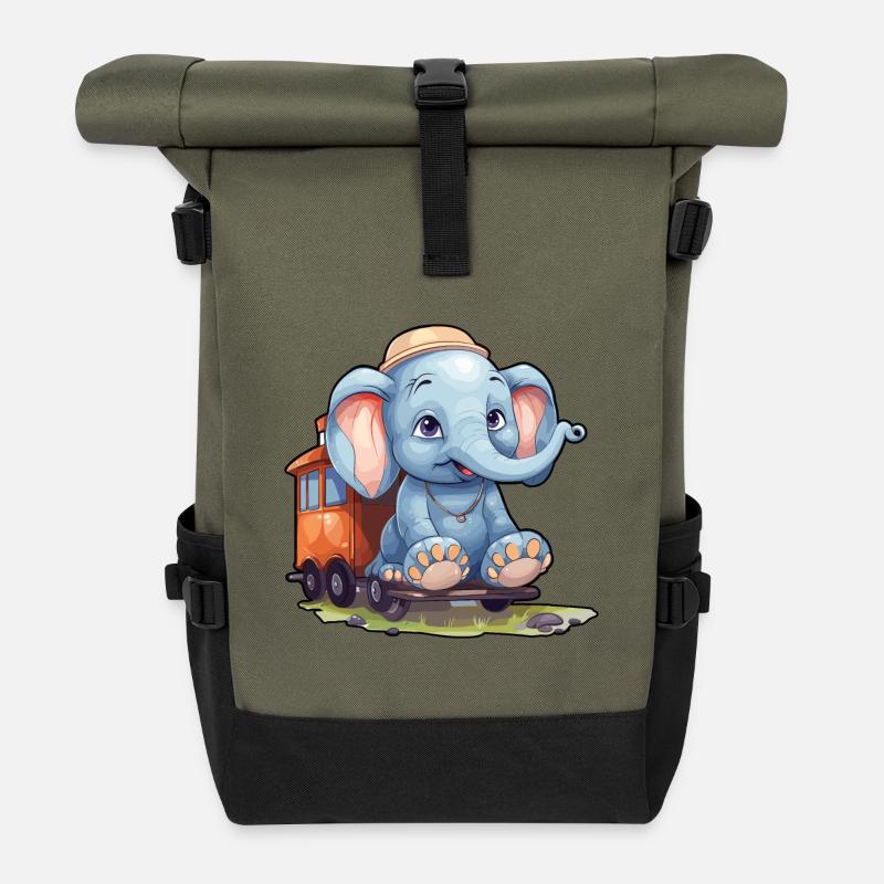 Elefant fährt Eisenbahn Elefanten - Rolltop Rucksack - Olive/Schwarz