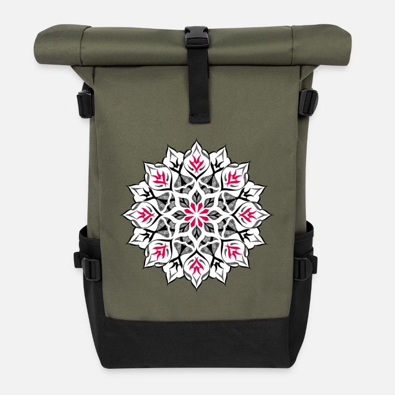 Dotwork mandala design - Roll Top Backpack - olive/black