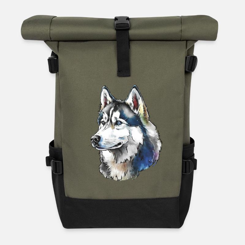 Sibirischer Husky Portrait - Rolltop Rucksack - Olive/Schwarz