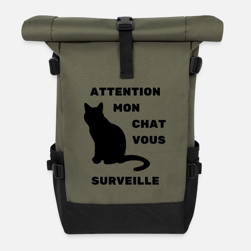 attention mon chat vous surveille humour - Sac à dos roll top - olive/noir