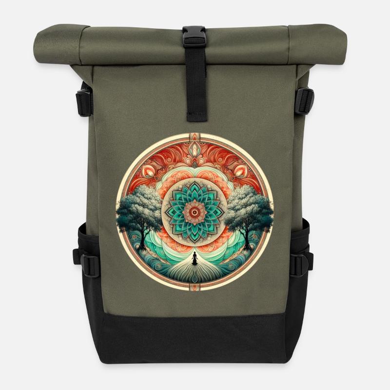 Zen-Mandala mit Bäumen und Meditation - Rolltop Rucksack - Olive/Schwarz