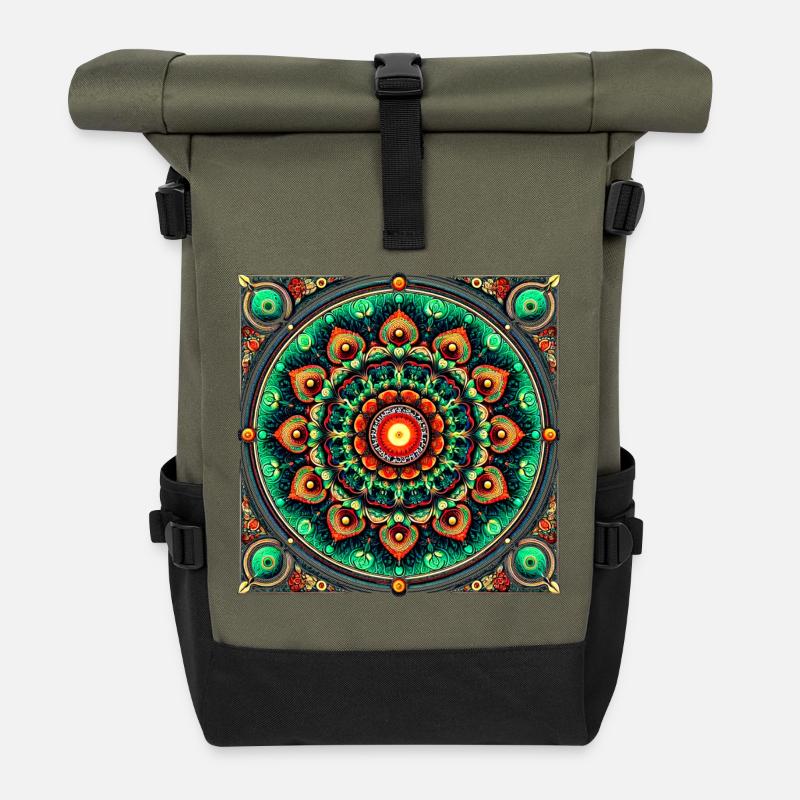 Manda en vitrail vert et orange - Sac à dos roll top - olive/noir