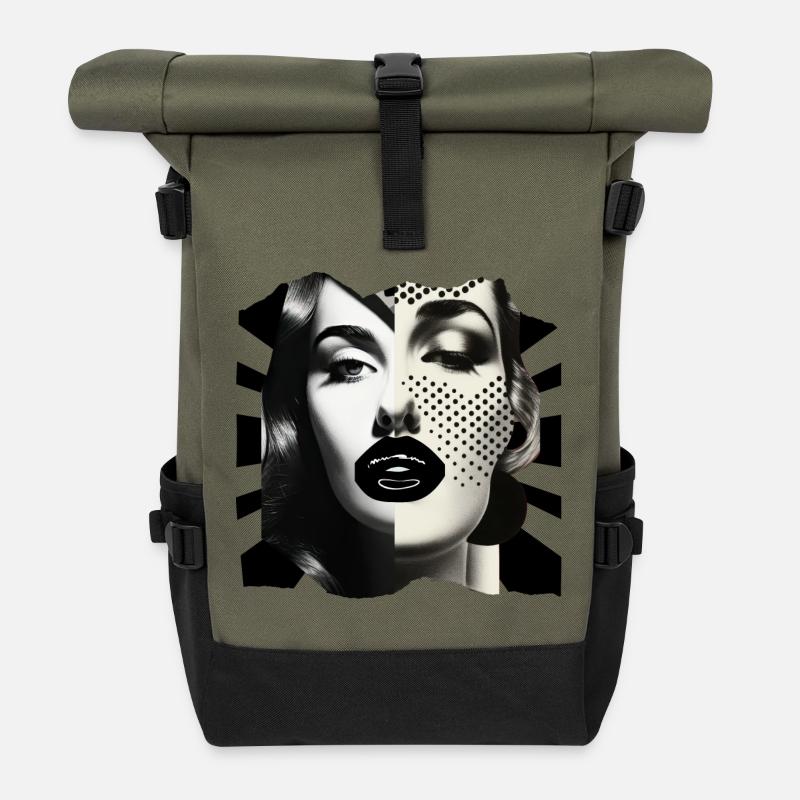 Fotocollage Schwarz-Weiß - Rolltop Rucksack - Olive/Schwarz