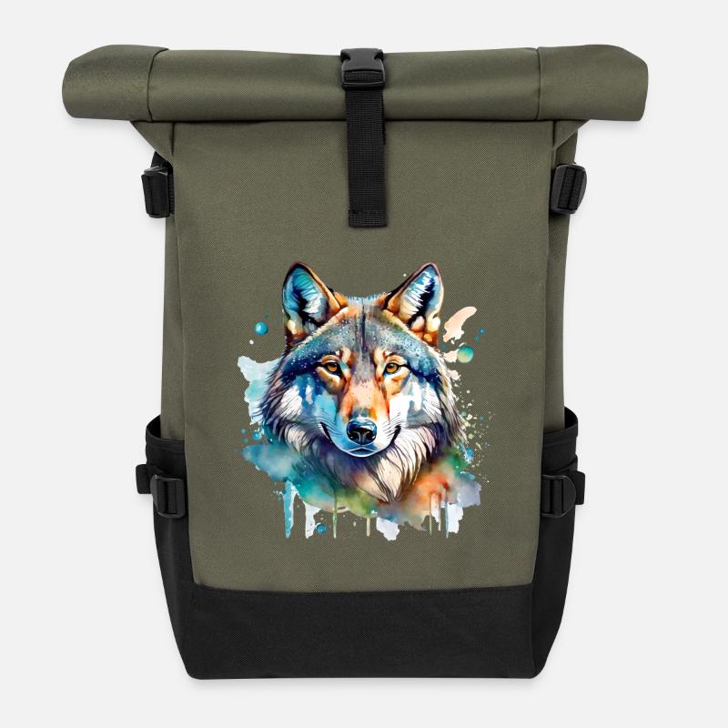 Aquarell Wolf Portrait - Rolltop Rucksack - Olive/Schwarz