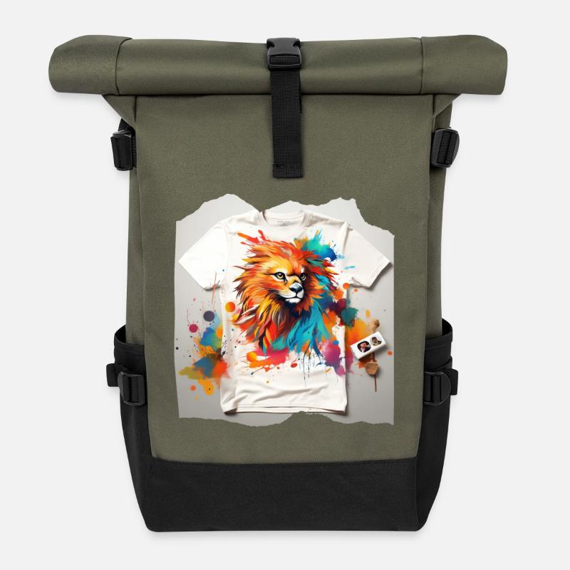 Painted lion - Roll Top Backpack - olive/black
