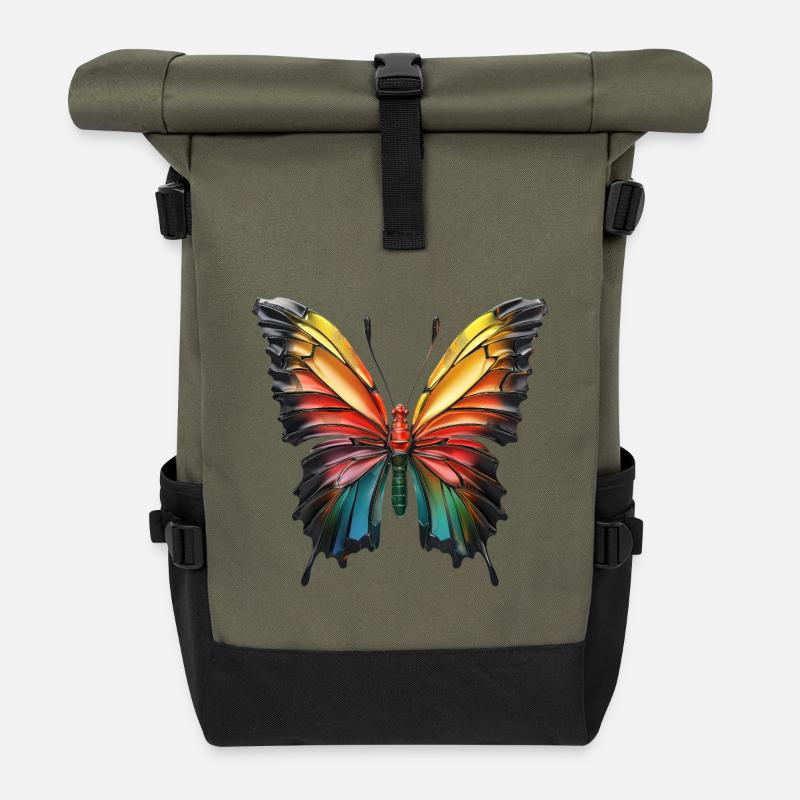 Farbenfroher Schmetterling Eleonore - Druck Design - Rolltop Rucksack - Olive/Schwarz