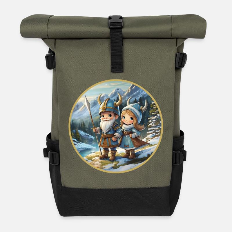Wikingerjunge und -mädchen - Rolltop Rucksack - Olive/Schwarz