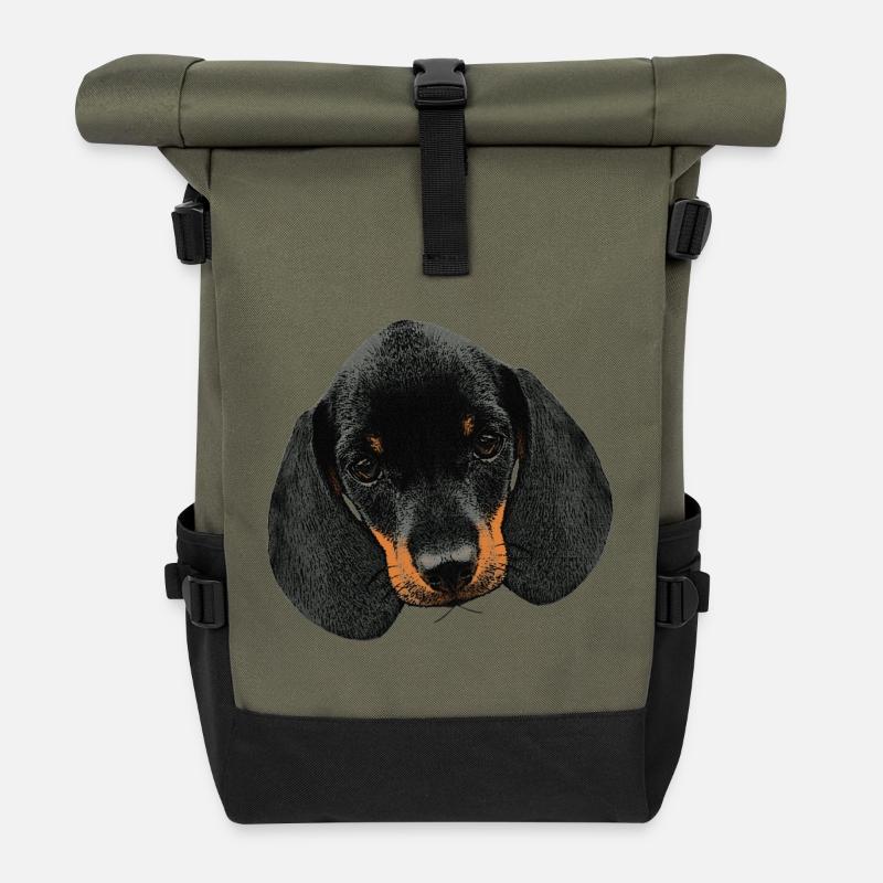 Hunde mädchen, Dackel welpe Kopf - Rolltop Rucksack - Olive/Schwarz