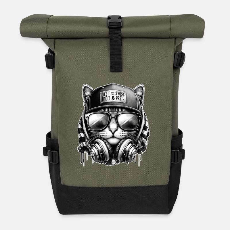 Katze DJ mit Kopfhörer Cap - Rolltop Rucksack - Olive/Schwarz