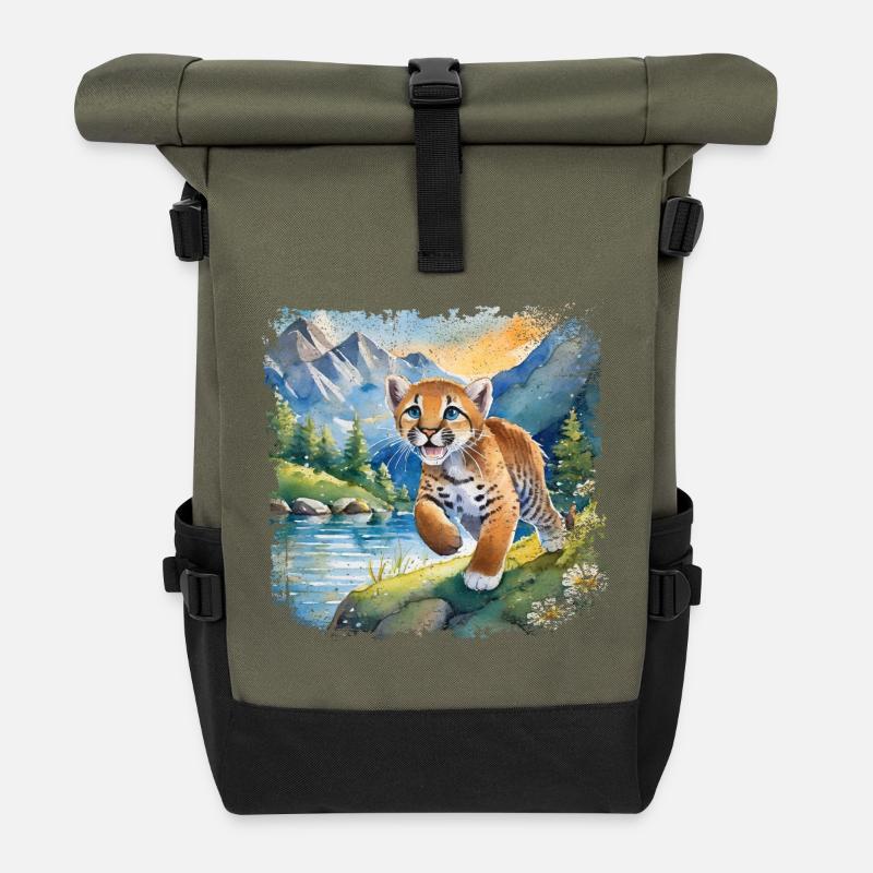 Niedlicher junger Tiger | Kinderbuchstil - Rolltop Rucksack - Olive/Schwarz