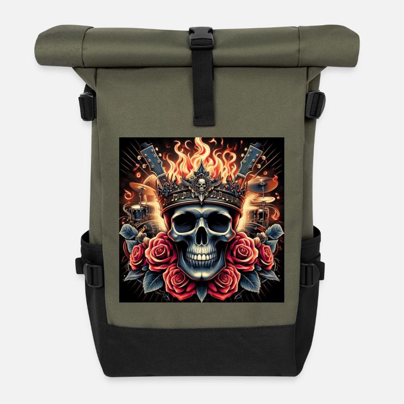 Brennender Schädel - Rolltop Rucksack - Olive/Schwarz