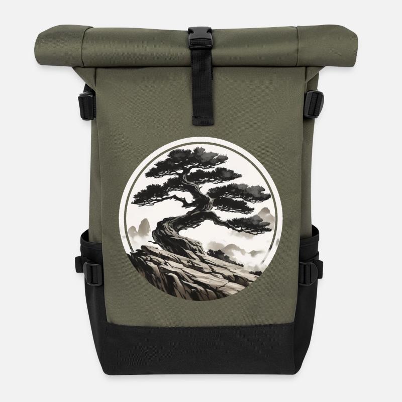 Asiatische Landschaft - Rolltop Rucksack - Olive/Schwarz