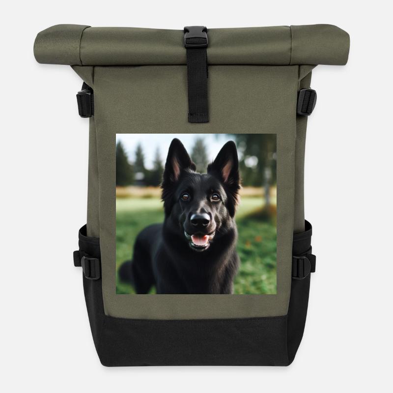 Schwarzer Deutscher Schäferhund - Rolltop Rucksack - Olive/Schwarz