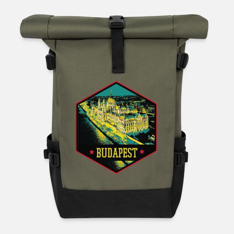 Nocturnal illustration Historic Budapest - Roll Top Backpack - olive/black