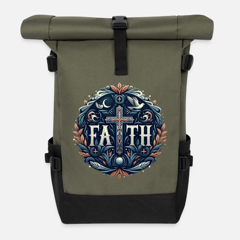 Glaube Kreuz Ornament - Rolltop Rucksack - Olive/Schwarz