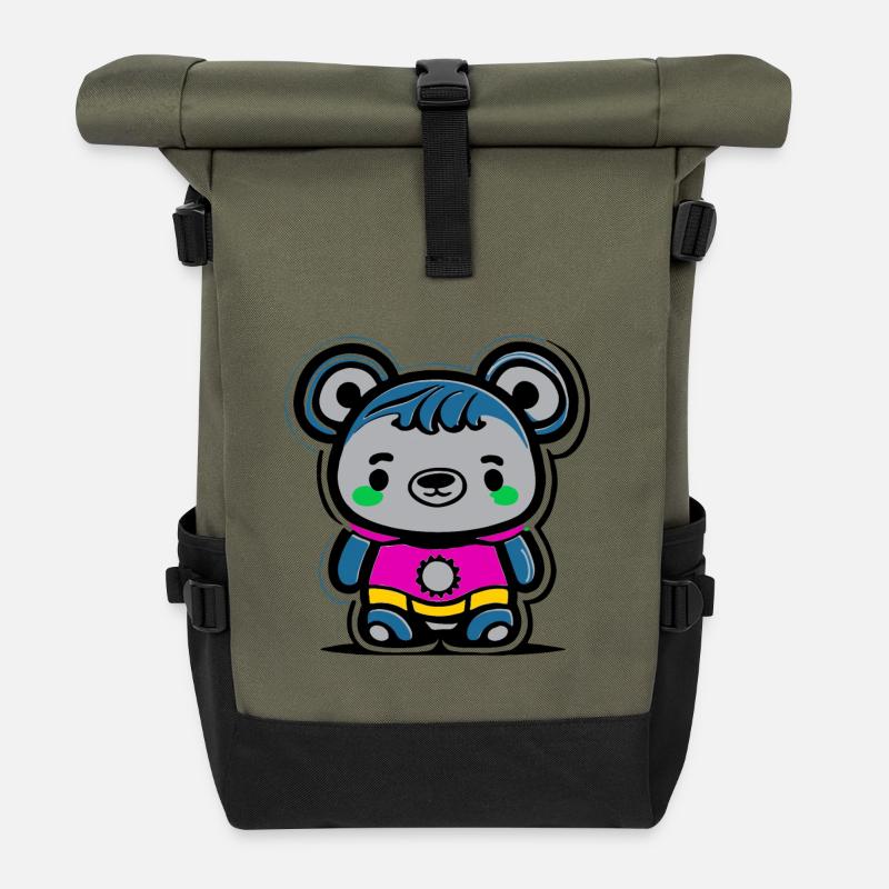 Motif de dessin animé panda néon - Sac à dos roll top - olive/noir
