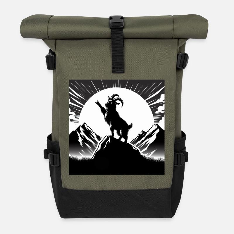 Ziege mit erhobenem Huf, Comic, Zeichnung, schwarz - Rolltop Rucksack - Olive/Schwarz