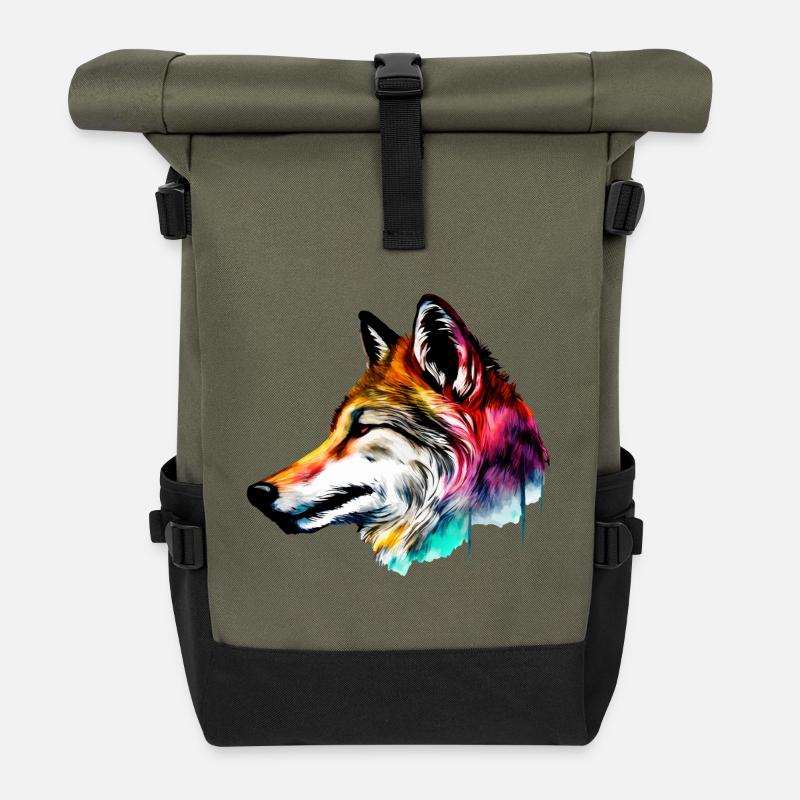 Colorfull Wolf Head - Roll Top Backpack - olive/black
