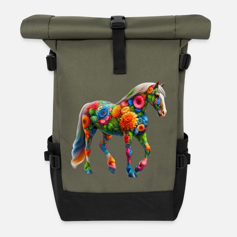 Pferd mit Blumen geschmückt - Rolltop Rucksack - Olive/Schwarz