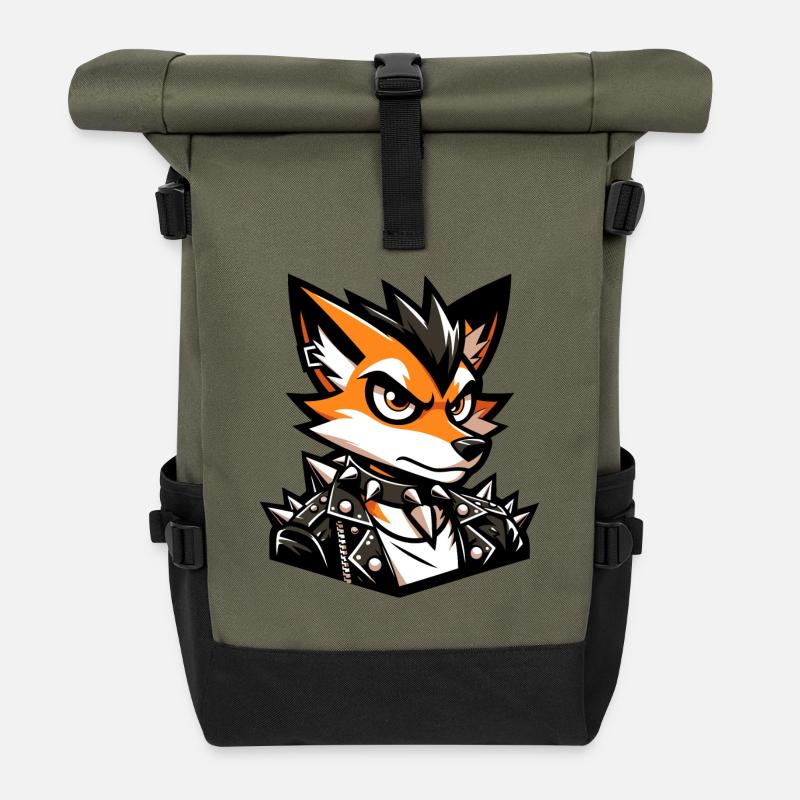 A cartoon style punk rock fox - Roll Top Backpack - olive/black