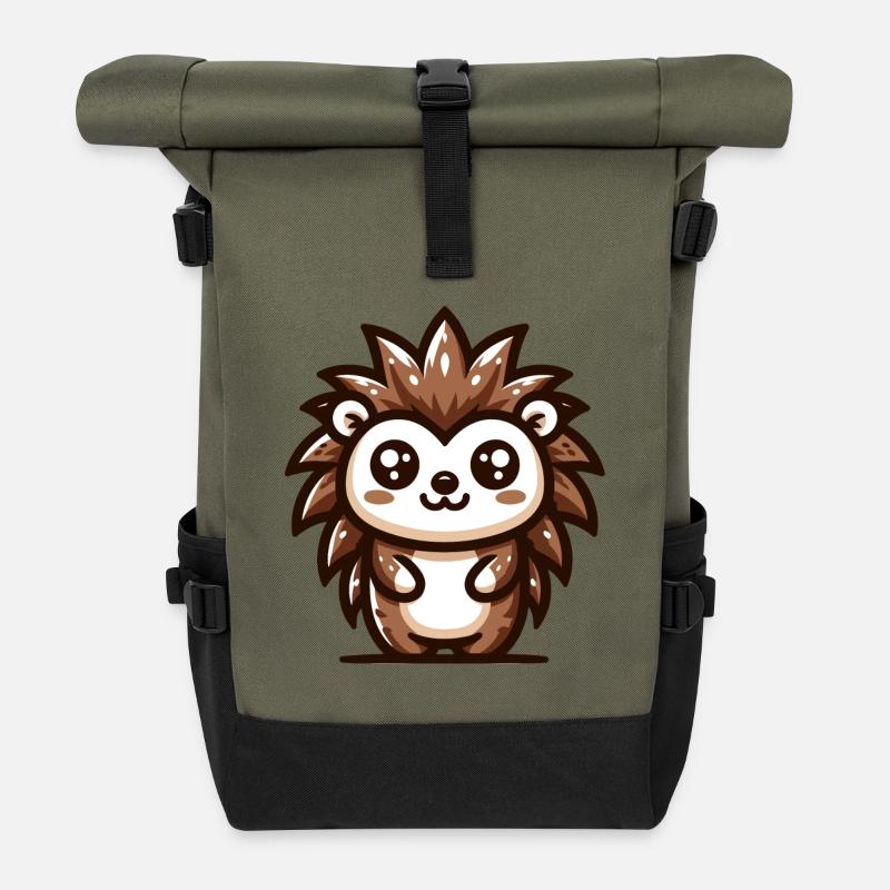 A playful cartoon style hedgehog - Roll Top Backpack - olive/black