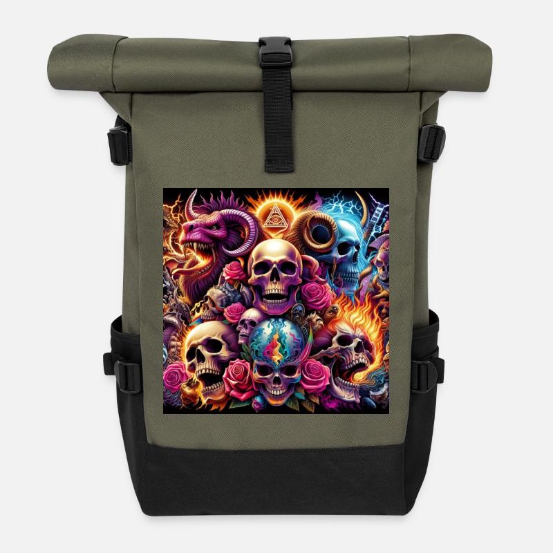 Totenköpfe, Farben und Blumen - Rolltop Rucksack - Olive/Schwarz