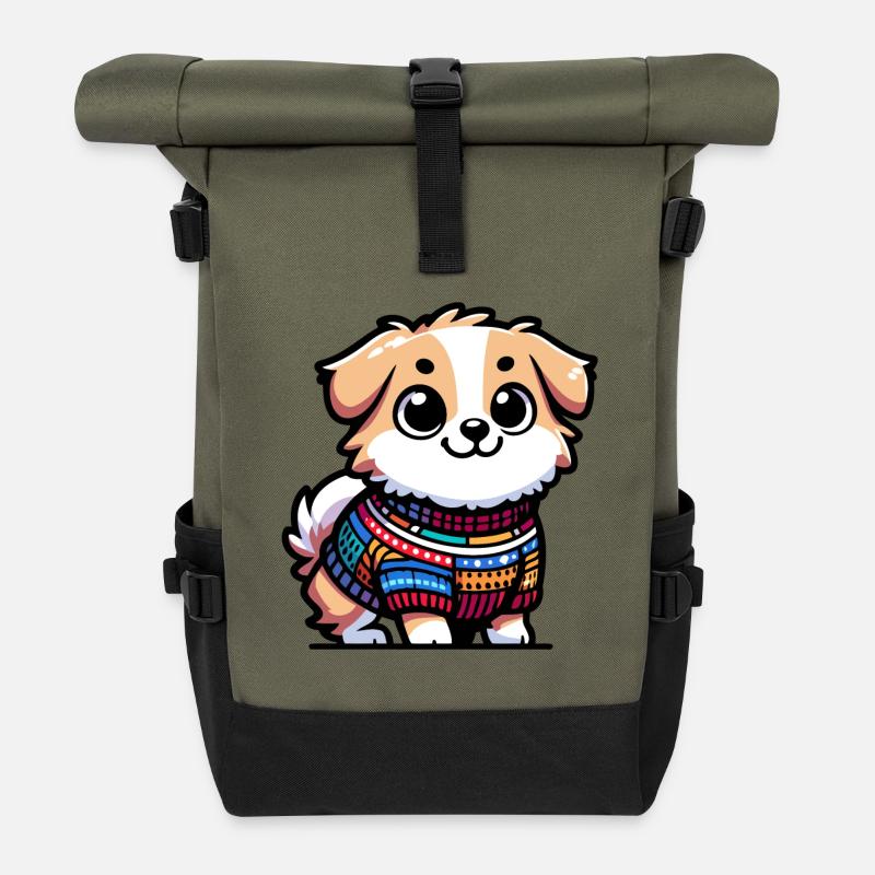 Snug Pup: The Sweater-Wearing Canine - Roll Top Backpack - olive/black