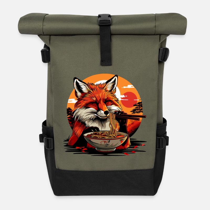 Fox Ramen Noodles Japan Vintage Retro Foxes - Roll Top Backpack - olive/black