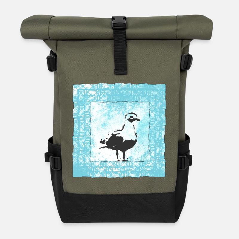 Abstrakter Möwen-Stempel im Wasserfarbenstil - Rolltop Rucksack - Olive/Schwarz