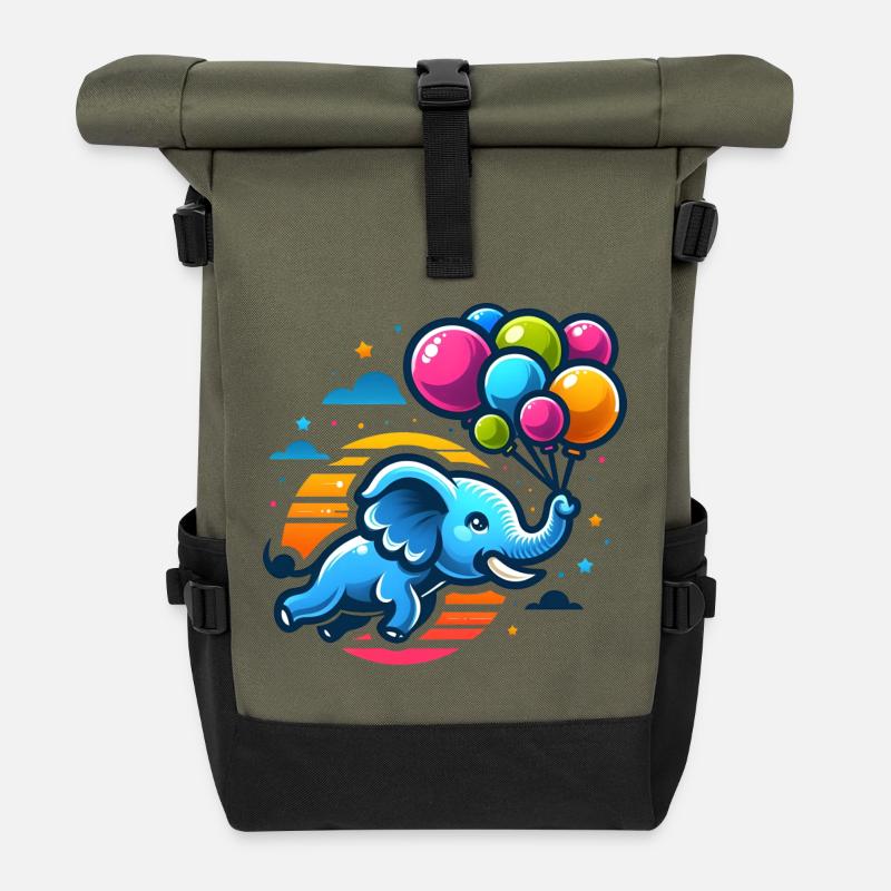 Flying elephant with colorful balloons - Roll Top Backpack - olive/black