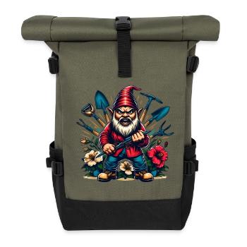 Bunter,grimmiger Gartenzwerg mit Blumen & Werkzeug - Rolltop Rucksack - Olive/Schwarz - Vorne