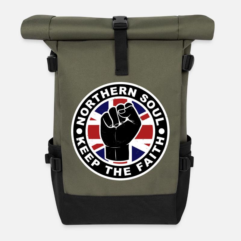 Northern Soul - Behalte den Glauben - Union Jack - Rolltop Rucksack - Olive/Schwarz