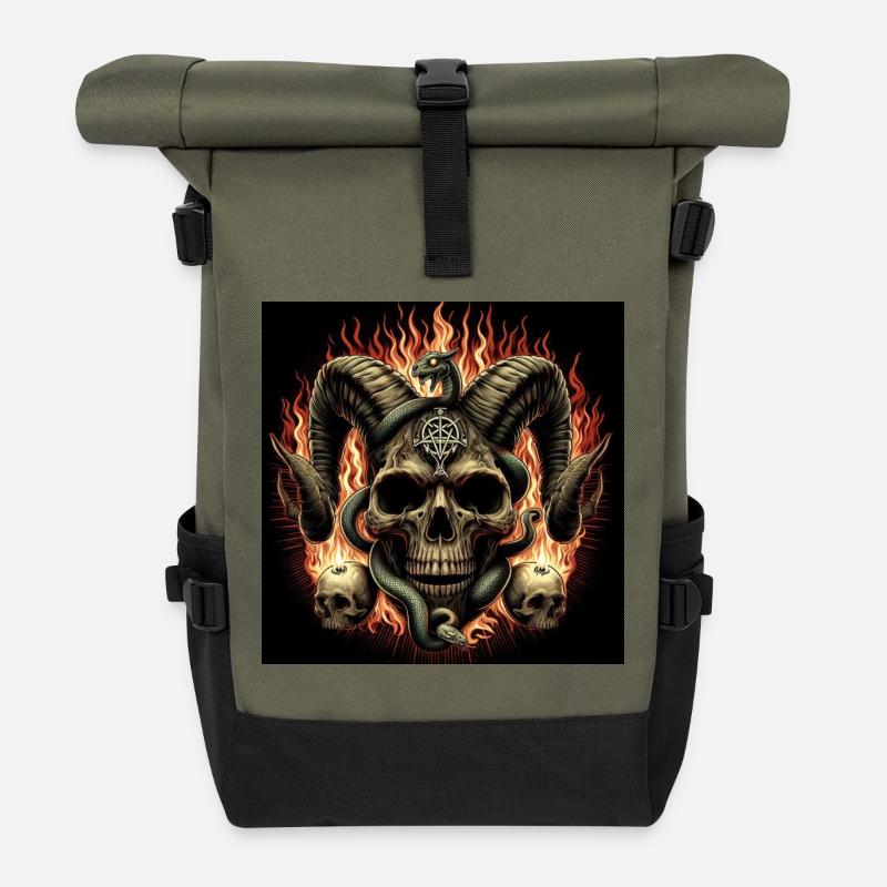 Crâne satanique en feu - Sac à dos roll top - olive/noir