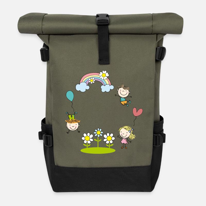 Fröhliche Kinder mit Regenbogen Blumen Luftballon  - Rolltop Rucksack - Olive/Schwarz