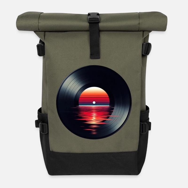 Disque de musique LP vinyle, Retro Sunset - Sac à dos roll top - olive/noir
