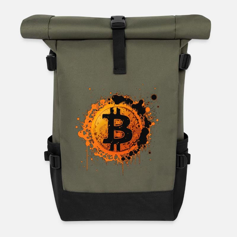 Bitcoin Splatter Graffiti Orange - Rolltop Rucksack - Olive/Schwarz