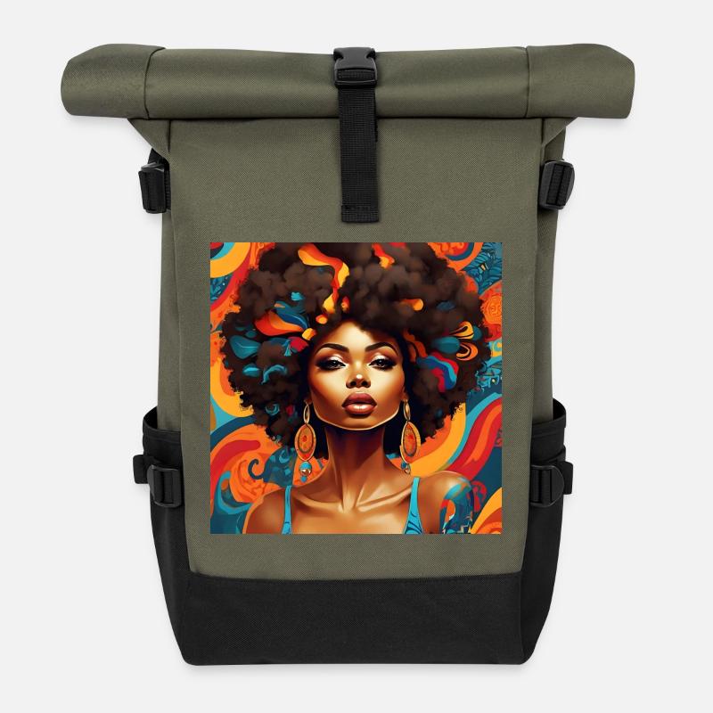 Afro Hair style Explosion Florale - Sac à dos roll top - olive/noir