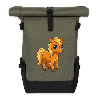 Pferd Niedliche Maskottchen Zeichentrickfigur Kawaii - Rolltop Rucksack - Olive/Schwarz - Vorne