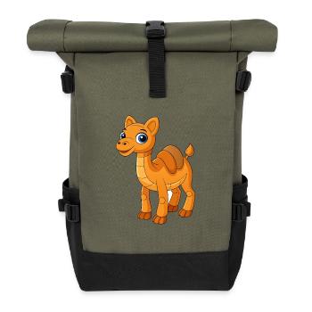 Kamel Niedliche Maskottchen Zeichentrickfigur Kawaii - Rolltop Rucksack - Olive/Schwarz - Vorne