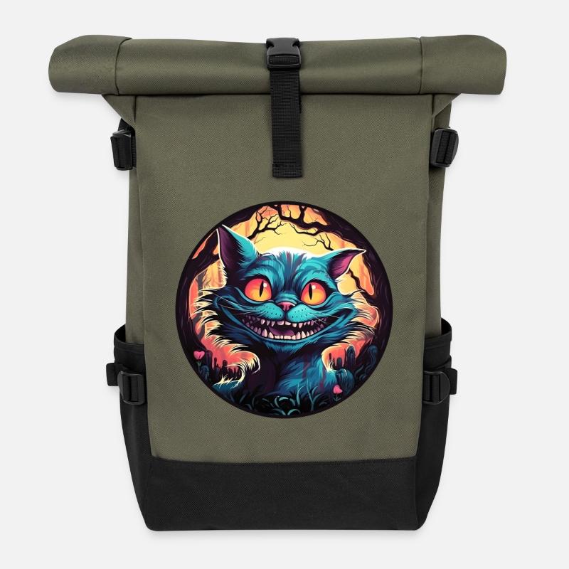 Cheshire Cat Alice in Wonderland Circle - Roll Top Backpack - olive/black